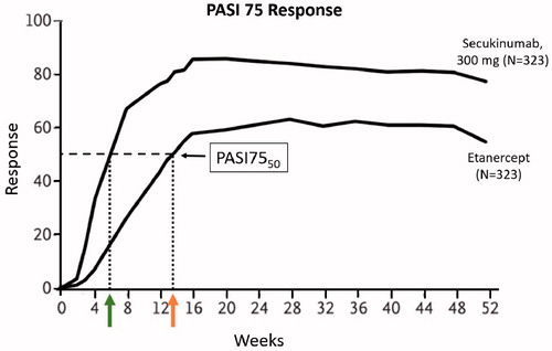 Figure 4. PASI 75 response over time in FIXTURE study.3 Green and orange arrows indicate weeks to PASI7550 for secukinumab 300 mg and etanercept respectively. Secukinumab 300 mg achieved PASI7550 in less than 6 weeks compared to more than 13 weeks for etanercept.