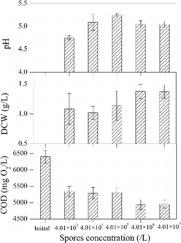 Figure 3. Effects of the A. niger spore concentration on the COD of the soybean wastewater supernatant.