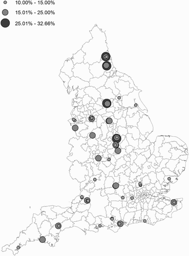 Figure 2. Census 2011 – “Multi-person households: full-time students” percentage by ward, data by Nomis. Created under the auspices of the Centre for Urban Policy Studies, University of Manchester. Boundary data provided through EDINA UKBORDERS with the support of ESRC JISC. Boundary material is copyright of the Crown.