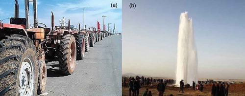 Figure 1. Social tensions over water: (a) farmers in the eastern stretches of the watershed holding a tractor lining protest to defy their reduced water allocation; and (b) water transfer pipeline broken by farmers (Safavi and Enteshari Citation2016).