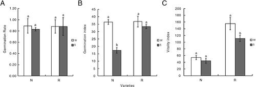 Figure 2. Variations in the germination rates (A), germination indices (B) and vitality indices (C) of two common bean varieties, N and R, under W and S conditions. White represents the water (W) treatment (control), whereas grey represents the salt (S) treatment. Different letters (a, b) indicate statistically significant differences (p < 0.05).