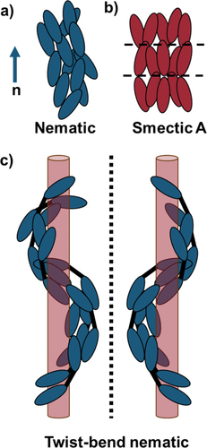 Figure 1. (Colour online) (a) A sketch of the molecular arrangement in the a) nematic phase, showing the director, n; (b) lamellar smectic A phase; (c) twist-bend nematic phase showing the formation of degenerate helices.