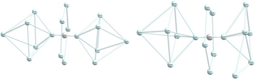 Figure 17. Two structural isomers of the HHe17+ complex, [14–5–14]-HHe17+ (left) and [14–5–41]-HHe17+ (right), with Mulliken charges, obtained at the aug-cc-pVTZ RHF level, given on the atoms (H is white, He is light blue).