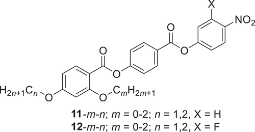 Figure 3. Molecular structures of the 11-m-n and 12-m-n series; m is the number of carbons in the lateral alkoxy chain and n is the number of carbons in the terminal alkoxy chain. For m = 0 the lateral group is a H atom.