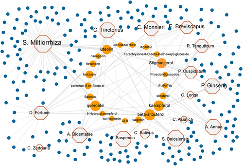 Figure 2 The herb-compound network of the collected effective herbs. Sixteen TBI-effective herbs consist of 230 compounds. Octagons represent medicinal plants. Circles represent candidate compounds. Blue circles represent 209 specific compounds, and Orange circles represent 21 common compounds. The size of the node is proportional to the value of degree.