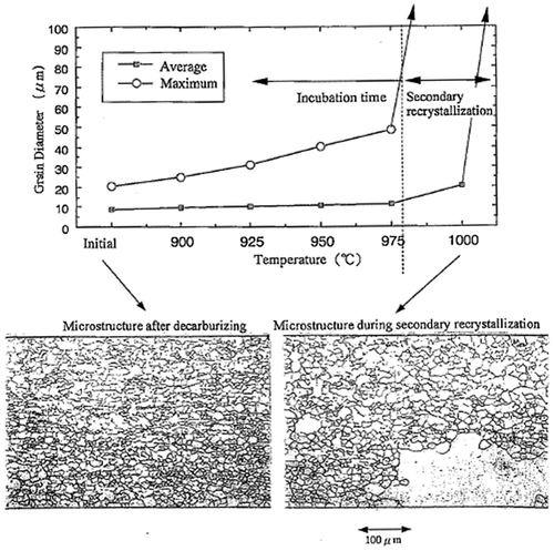 Figure 4. Top: grain growth as a function of temperature (°C). Bottom: micrographs of longitudinal cross-sections (reproduced with permission from [Citation3] © 1998 The Iron and Steel Institute of Japan).