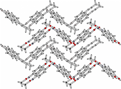 Figure 2 Crystal structure of the monoclinic form of paracetamol viewed down the c axis showing the interlocking herringbone pattern.
