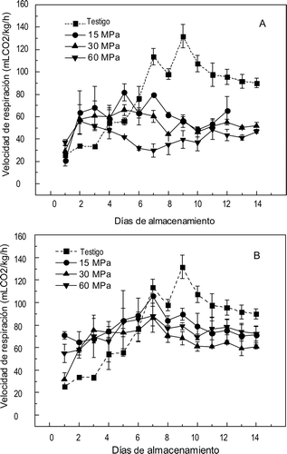 Figura 1. Velocidad de respiración en mangos ‘Ataulfo’ testigo y tratados con altas presiones hidrostáticas por (A) 10 min y (B) 20 min. Los valores representan la media de tres repeticiones en dos muestras distintas. Las barras indican el error estándar. Figure 1. Respiration rate in “Ataulfo” mango control and treated with high hydrostatic pressure for (A) 10 min and (B) 20 min. The values represent the mean of three replications in two different samples. The bars indícate the standard error.