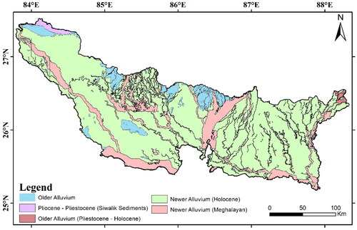 Figure 1. The major thrust faults, lineaments, and faults overlayed on the study area and the Satellite (Landsat OLI) image depicting the Northern Bihar region used for the liquefaction hazard assessment.