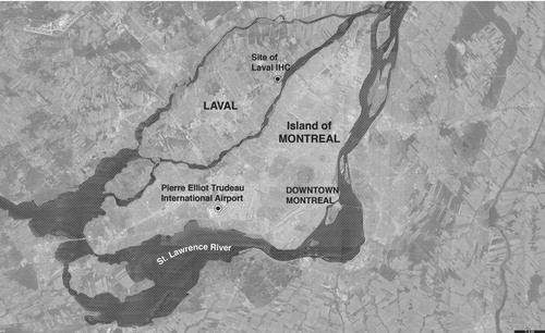 Figure 3. The site of the Laval IHC is in Laval, a suburban city separated from Montreal by the Prairies River. The geographic siting of the project, away from the city center, along an industrial road, further others the spaces of detention through its distancing from the general population. (Map by author.)