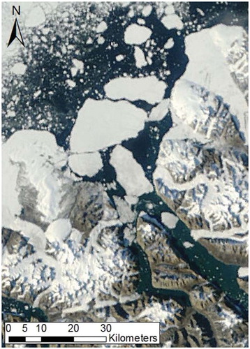 FIGURE 6. MODIS TERRA image (22 August 2010, 22:05 UTC) showing open water and floating ice in Yelverton Bay and Yelverton Inlet.