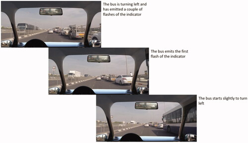 Figure 1. The frame sequence illustrates the progression of a hazardous trial (prior to occlusion) from the point where the bus starts to turn left (bottom image), through the point where the bus emits a flash of the indicator (middle image) and the point immediately prior to occlusion where the bus has already emitted a couple of flashes of the indicator (top image).