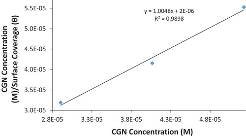 Figure 6. Langmuir plot of CCGN/θ versus CGN concentration in artificial seawater solution