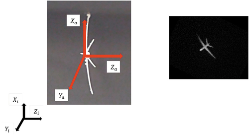 Figure 4. Reference configuration with nose pointing to the reader (left). Example of one image collected with label p=−45o,r=21.63o,y=28.2o (right).
