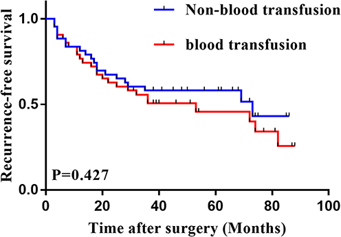 Figure 3 Kaplan–Meier curves for recurrence-free survival of blood transfusion and non-blood transfusion groups after PSM: ≤4 cm subset group.