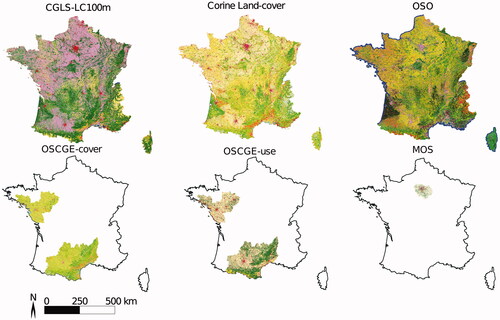 Figure 2. Spatial extent of the six land-cover maps used in this work. The color codes describing the classes of each map are provided in Appendix A.