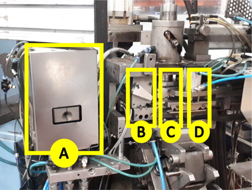 Figure 2. Machine identification for preparation and injection of the first cable terminal. A – Cable stripping machine; B – Mushroom machine; C – Injection mold; D – Sprue breaker.