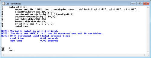 Fig. 12 Error-full lecture SAS log with error (3). This is the SAS log, which generates messages about the execution of the program. This log indicates the program executed successfully, but it also provides a note hinting there may be an issue. While the new SAS dataset “clinic” was created with 48 observations and 10 variables, the “date9” format was not applied to the variables “dob” and “dov”.