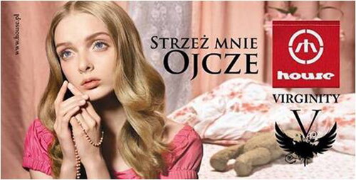 Figure 6. Commercial advertising with religious elements (by agency koledzy strategia & kreacja). [Strzeż mnie, Ojcze → Guard me, Father]. Source: "Czarna lista. Te reklamy zbulwersowały nas najbardziej!.” 2013. Accessed 13 February 2023. https://finanse.wp.pl/czarna-lista-te-reklamy-zbulwersowaly-nas-najbardziej-6115776611350657g/6