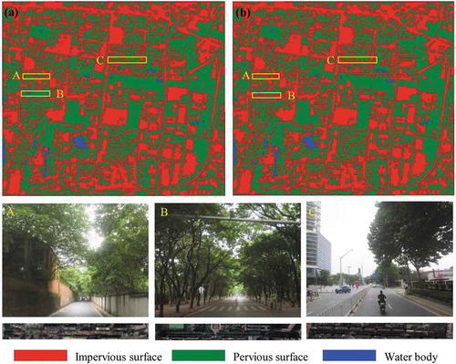 Figure 8. Comparison of impervious surface extraction results. (a) is the result of using remote sensing image alone, and (b) is the result of combing remote sensing image and street view image. The second and third lines correspond to street view images and remote sensing images of area A, B, and C in the results