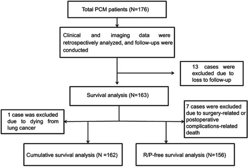 Figure 1 Flow diagram of patients for this study.Abbreviations: PCM, petroclival meningioma; R/P, recurrence/progression.