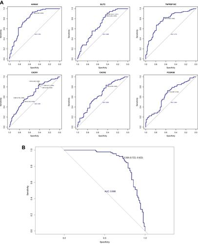 Figure 5 The diagnostic value of hub genes for COPD patients. (A) ROC curves of hub genes. (B) ROC curve of regression model based on hub genes.