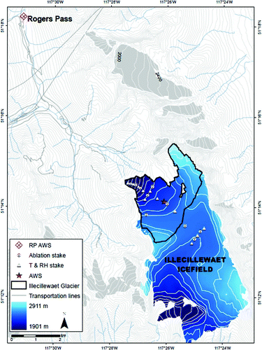 Fig. 3 Topographic contour map of the Illecillewaet Icefield study area, with an elevation contour interval of 50 m (100 m on the glaciers). The field instrumentation from summer 2009 is also indicated. AWS; automatic weathers station; RP: Rogers Pass; T and RH: temperature and relative humidity stations, respectively.