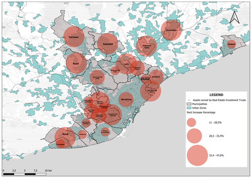 Figure 2. Map: rent increases in neighbourhoods where properties managed by REITs are located.