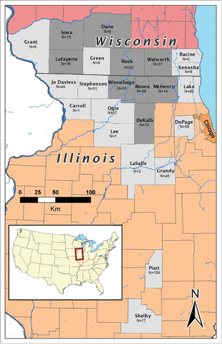 FIGURE 1. Map of Illinois (orange) and Wisconsin (pink), showing the study area for samples collected between 2002 and 2010. Samples were collected from all counties in gray by hunter harvest or government culling. Counties within the CWD infection area (at least 5 confirmed cases of CWD during the sample period) are darkly shaded; statistical analyses of CWD susceptibility were restricted to individuals originating from these locations thus increasing the probability of disease exposure. Number of samples from each county is indicated below the county name.
