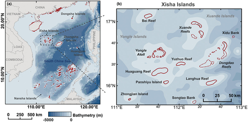 Figure 1. (a) Coral reef distribution of the South China Sea (SCS, the location of Xisha Islands was derived based on results of this study, and the location of other reef areas was obtained from two resources introduced in section 2.2.2), and the location of Xisha Islands in the SCS is presented in dashed box. (b) Enlarged view of Xisha Islands, showing the spatial distribution of coral reefs based on the inventory established in this study.