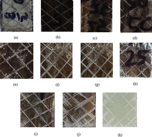 Figure 1. Composition and thickness of different composites (a. 100% glass (5 mm), b. 100% banana (5 mm), c. 25% banana-75% glass (5 mm), d. 50% banana-50% glass (5 mm), e. 75% banana-25% glass (5 mm), f. 75% banana-25% glass (7 mm), g. 25% banana +75% glass with (7 mm), h. 75% banana-25% glass (10 mm), i. 50% banana-50% glass (10 mm), j. 25% banana-75% glass (10 mm), k. 100% glass (10 mm)).