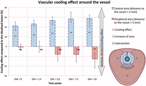 Figure 4. A similar cooling effect (fringe of native liver tissue surrounding the vessel) could be seen in all test series within a distance of 5 mm to the vessel (GM =0: 42%, GM =10: 57%) independent of the applicator-to-vessel geometry. A growth in coagulation zone area compared to the idealised coagulation zone is plotted negatively in the chart. Only for the most eccentrically placed vessel (GM =10) a significant (**) growth in coagulation zone area (25%) could be observed compared to the idealised coagulation zone. (p < 0.05; error bar: min–max; G = vessel; d = 5 mm).