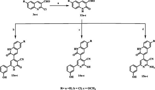 Scheme 3. Synthesis of 2-pyridone/2-thiopyridine/2-aminopyridine – quinolone hybrids. (a) CH3COOH, reflux; (b) 3-hydroxyacetophenone / ammonium acetate/ CNCH2COOC2H5/ ethanol, reflux; (c) 3-hydroxyacetophenone /ammonium acetate / CNCH2CSNH2/ ethanol, reflux; (d) 3-hydroxyacetophenone /ammonium acetate / CNCH2CN/ ethanol, reflux.