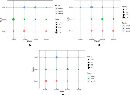 Figure 3 Patterns of SES factor scores across SES clusters. (A) All patient pattern, (B) male patient pattern, (C) female patient pattern.
