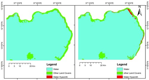 Figure 4. Spatial coverage of water hyacinth in dry (left) and wet (right) seasons of 2021.Source: MLC output, 2021.