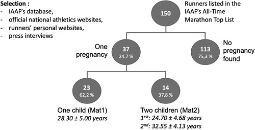 Figure 1. Flow chart of the cohort studied. Age of childbirth are indicated. Mat1: group with only one mid-career maternity. Mat2: group giving birth to two children.