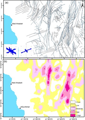 Figure 12. (a) Lineaments extracted from remote sensing (black) and geologic map (blue); (b) Lineament density map; (c, d) Rose diagrams illustrating the orientation (left) and the lengths (right) of the detected linear structural elements in the present study.