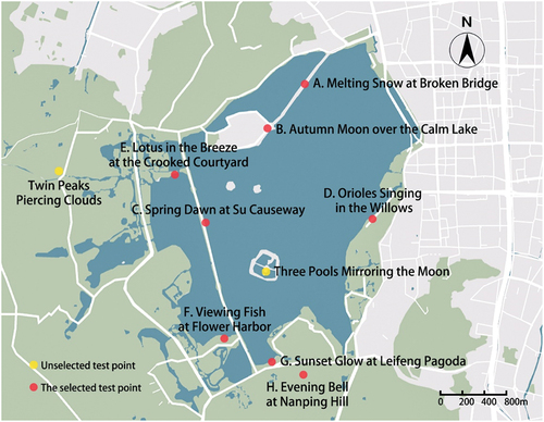 Figure 2. Distribution map of “Ten Scenes of West Lake” and measuring points.