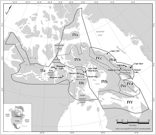 Figure 1 Map of the Canadian Arctic showing (in Roman numerals) modern climate regions and sub-regions delineated by CitationMaxwell (1980), and locations of sites discussed in the text.