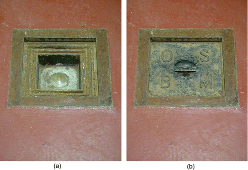 Figure 3. (a) The brass bolt benchmark (OS BM 4676 2855) which is located in the Tidal Observatory and from which the ODN national datum is defined as being 4.751 m below the mark, and (b) the cover of the historic mark. (Photographs Les Bradley)