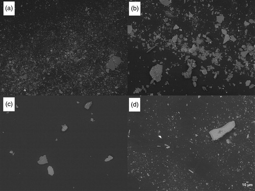 Figure 3. Four example particle collection surfaces imaged from different UNC samplers with a SEM. The particles almost exclusively resembled gravel. Panels (a), (b), and (d) show particles at the edge of the collection area, and panel (c) shows particles from the center of a deposition surface. The particle surface loading on the surface edge was generally higher than on the center of a deposition surface.