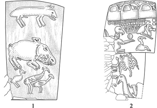 Figure 11 Birds depicted on monumental Pillars D38 and D43, Göbekli Tepe (Schmidt Citation2003: fig. 8; Citation2011: fig. 29).