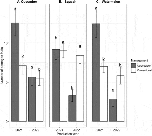 Figure 6. Number of damaged fruits in cucumber, squash and watermelon across two consecutive years in agroecological and conventional farming. Significance letters refer to the a posteriori comparisons for the significant interaction management x production year.