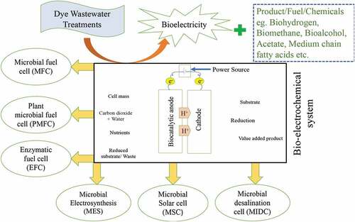 Figure 2. Schematic presentation of different types of bio-electrochemical systems (BES) and their application