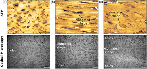 Figure 3. AFM phase images (with optical micrograph) of the POM-based binder system with formulation (a) C-0, (b) EGMA-3 and (c) E40-3.