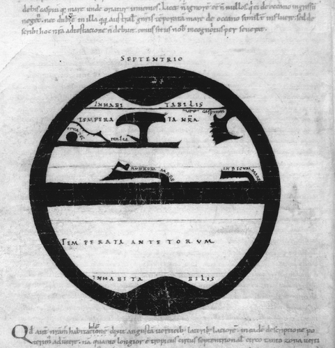 Fig. 14 World map from an eleventh‐century, probably German, manuscript of Macrobius, Commentary on the Dream of Scipio. North is at the top. The map shows the Red and Indian seas emanating from the equatorial ocean and the Caspian sea from the encircling ocean in the northeast. An umbrella‐shaped body of water without toponym (presumably the Tanais joining the Palus Maeotis) is connected to the (unmarked) Mediterranean. The Orcades appear in the far west and Italia is located between the Mediterranean and what may be a representation of the Adriatic. Zonal divisions are marked and (except for the central zone) labelled temperate (temperata) or uninhabitable (inhabitabilis). The temperate southern zone is marked Temperata antetorum: the word antetorum is most likely the result of a misreading of antecorum (i.e. ‘of the antoikoi’, inhabitants beneath the oikoumenē). British Library, Harley MS 2772, fol. 70v. Appendix 1, no. 22. (Reproduced with permission from The British Library.)