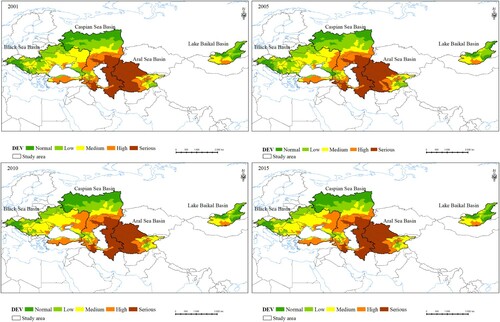 Figure 3. Degree of ecological vulnerability within the TSOL region from 2001 to 2015.