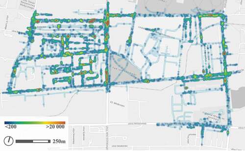 Figure 9. Average intensity of pedestrian traffic in Księży Młyn on working days (number of transits/day/m2)