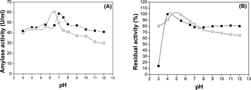 Figure 2.  Effect of pH on Kahli (-▪-) and Bidhi (-□-) amylase activity (A) and stability (B). The enzyme activity was tested at various pHs using soluble potato starch as substrate at 45°C. The pH stability of both amylases was determined by incubating each enzyme in different buffers for 1 h at 4°C and the residual activity was measured at pH 6.5 and 7 for Kahli and Bidhi amylase, respectively, at 45°C. Buffer solutions used for pH activity and stability are mentioned in Materials and Methods section. The initial activity before pre-incubation was taken as 100%. Standard deviations were < 5%.