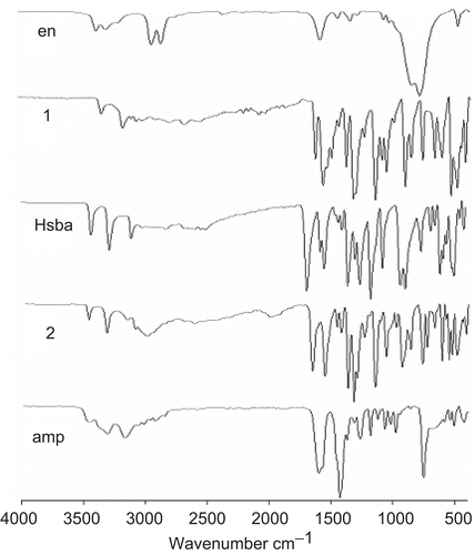 Figure 6.  FTIR spectra of en, Hsba, amp, compounds 1 and 2 (KBr).